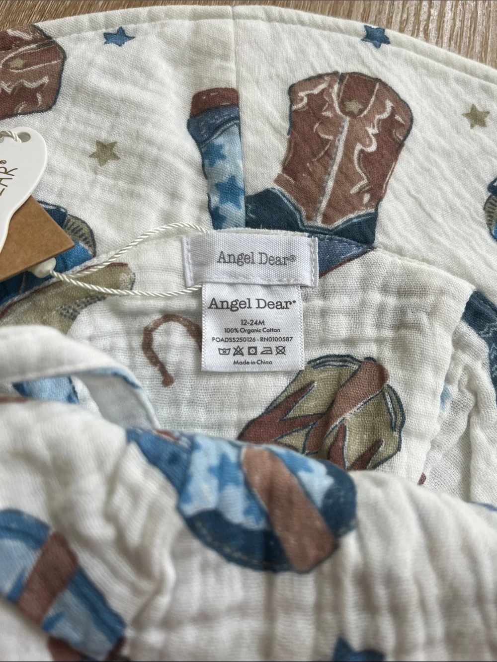 Angel Dear Kids Sun Hat with Cowboy Boot Print in White, Blue & Brown